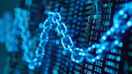 Blue chain on black background with binary code in the background for cybersecurity and blockchain concept.