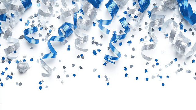 A spray of silver and blue streamers along with matching confetti, arranged in a festive pattern, isolated on a white background