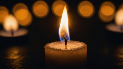 Rows of lit candles with one prominent glowing flame at center, dark background