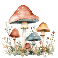 Isolated on white background clip art whimsical watercolor magical forest mushrooms in a range of sizes and colors, giving an enchanted woodland feel. 