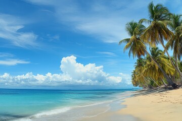 Idyllic tropical beach with palm trees, white sand, and clear blue water under a bright, sunny sky with clouds.