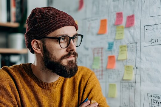 Young creative director brainstorming ideas with her team, sitting around a table filled with sketches and notes, Generative AI 