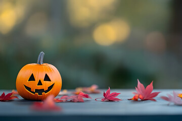 Naklejka premium Halloween pumpkin with fallen maple leaves on a table