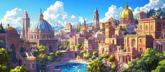 Fototapeta premium Painting of a vibrant urban landscape showcasing architectural beauty and culture