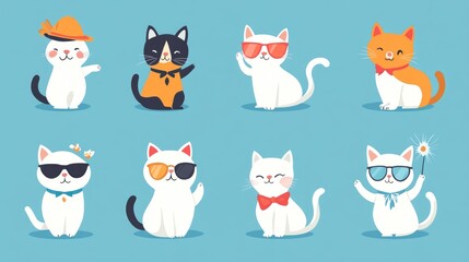 Vector illustration of a cute and funny cat in a summer theme Collection of cartoon cat or kitten characters designed in flat colors showcasing various poses and purebred pet designs