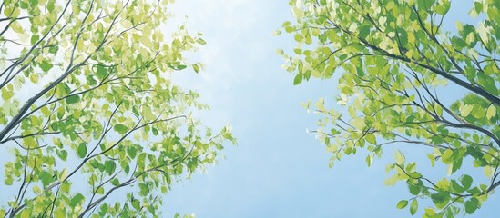 Fototapeta premium Painting of green trees with leaves and stems against a blue sky background showcasing nature and the beauty of a garden during sunny spring and summer days