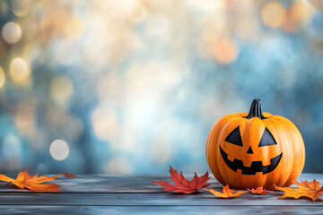 Naklejka premium Halloween pumpkin with fallen maple leaves on a table