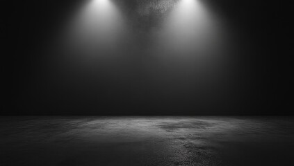 A dark, textured background with two spotlights shining down on a concrete floor.