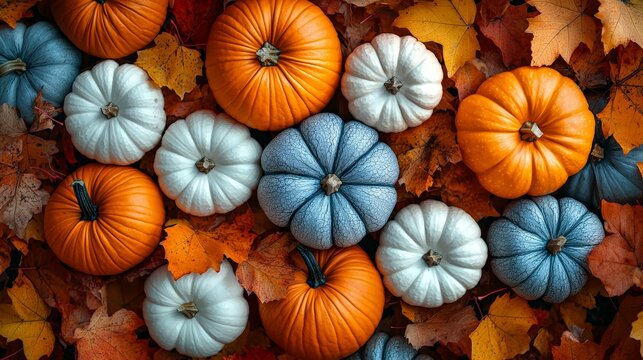A vibrant arrangement of pumpkins on colorful autumn leaves, celebrating the fall season.