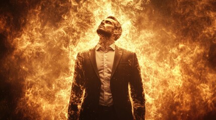 Business professional emerging from flames