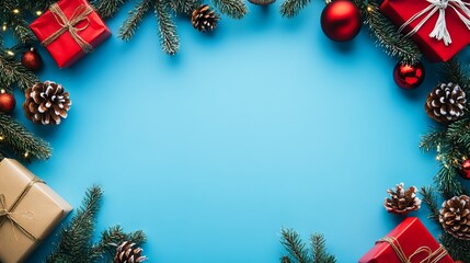 Festive christmas and new year greeting card with ornaments and gifts on blue background | merry christmas and happy holidays banner | winter holiday theme flat lay