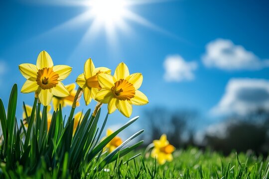 Close up shot of yellow daffodils blooming in a field of green grass under a blue sky with sun shining through white clouds.