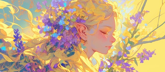 Portrait of a romantic girl resembling a forest nymph set in a blooming garden infused with elements of phantasmagoria capturing the essence of fantasy and fairy tales