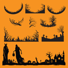 Set of horror and spooky Halloween silhouette art concept graphic tree brunch background vector illustration.