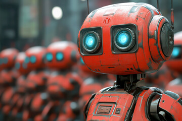 A close-up of a futuristic red robot with bright blue eyes, showcasing advanced design and technology against a backdrop of similar robots.