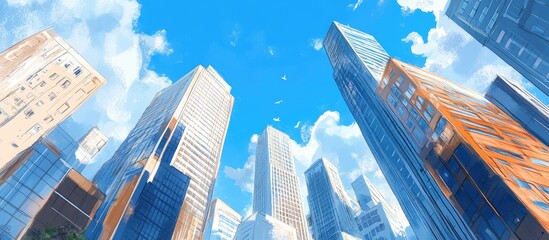 Panoramic painting of tall skyscrapers against a clear blue sky