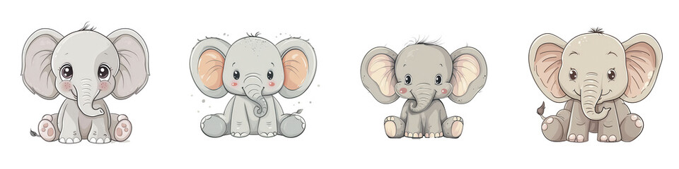 Fototapeta premium Cute elephants collection, white isolate background