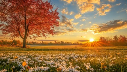 Obraz premium Golden sunset over a field of white wildflowers with a large tree in the foreground.