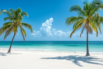 Two palm trees on a white sand beach with turquoise water and blue sky.