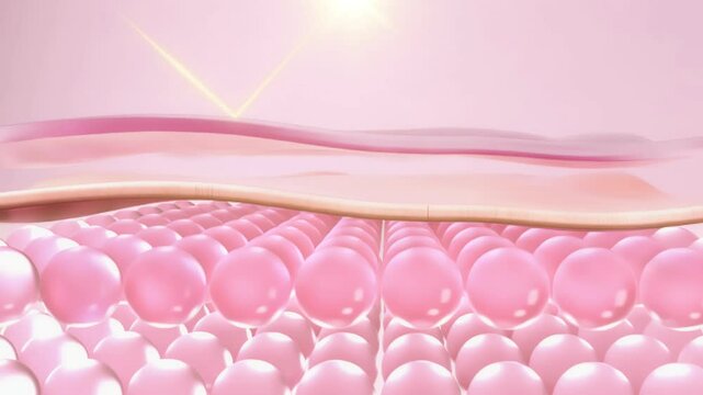 3D video sample uses a dominant pink tone to show that drops of essence can easily penetrate each layer of skin even with a protective layer, but UV rays are blocked by that protective sunscreen layer