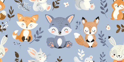 Obraz premium Adorable seamless pattern featuring cute woodland animals like foxes, rabbits, and squirrels on a blue background, perfect for children's designs.