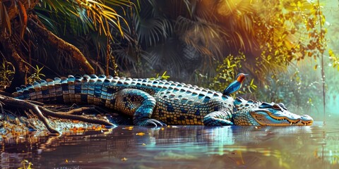 Crocodile lounging on a riverbank with a bird resting atop.