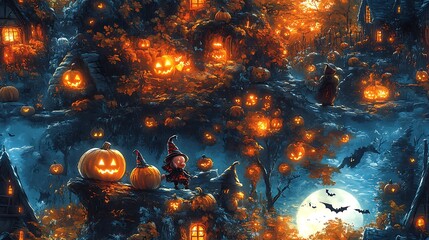 A magical Halloween night with gnomes dressed in spooky costumes, playing among glowing pumpkins and spooky trees, bats flying overhead, with a whimsical, dark fairytale art style,