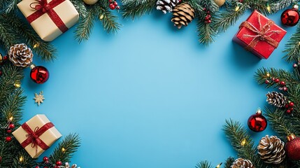 Festive christmas and new year greeting card with ornaments and gifts on blue background - merry christmas and happy holidays banner - winter holiday theme flat lay