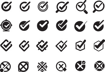 Set of Black Cross Mark and Check Mark Icon Vector illustration on isolated Background. 