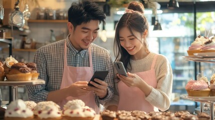 Asian couple bakery shop owner using smartphone with internet vlogging sweet dessert baking on social media together
