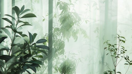 Indoor plants bathed in soft sunlight through sheer curtains, creating a tranquil and refreshing ambiance.