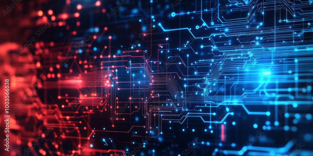 Wall mural information technology and cybersecurity with digitally integrated network technologies on a red and