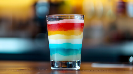 A beautifully layered cocktail, with distinct, vibrant colors from top to bottom, illustrating the art of layering technique, each layer representing a different flavor density 