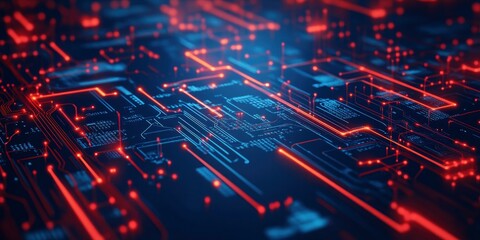 Obraz premium Information technology and cybersecurity With digitally integrated network technologies on a red and blue backdrop.