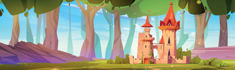 Fairytale castle in forest with giant trees. Vector cartoon illustration of medieval fortress with gate, arch and towers in sunny valley, footpath on green grass, historic palace for game background © klyaksun