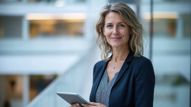 Smiling businesswoman in her forties, holding a digital tablet, standing in an open office