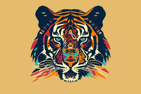 Vibrant and striking abstract illustration of a tiger's face with bold geometric patterns and vivid colors on a beige background.