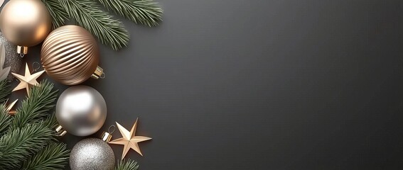 Banner mockup with confetti and a wide Xmas banner mockup or header. Christmas tree branch with silver and copper color balls.