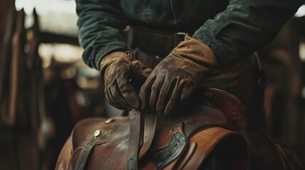 Cowboy Fixing Saddle Up Close