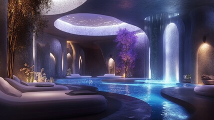Obraz premium A spa with a pool and a waterfall. The pool is surrounded by white lounge chairs and a tree. The atmosphere is relaxing and serene
