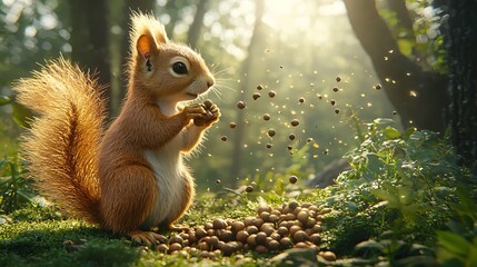 Obraz premium A squirrel nibbles on nuts, basking in dappled sunlight within a peaceful forest.