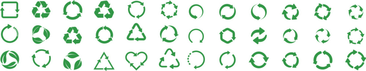 Green Recycling and rotation or circular arrows icon collection. Recycle icon symbol vector set. revolves endlessly Reuse sign. Eco ecology nature bio black