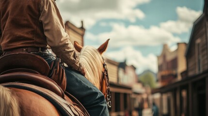 Fototapeta premium Cowboy Riding Through Old Western Town