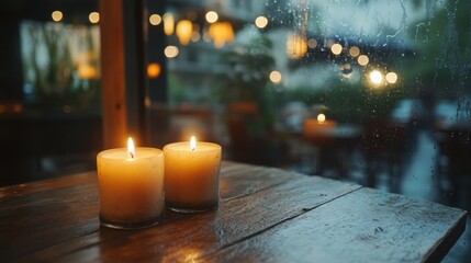Cozy cafe table with lit candles on