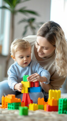 A mother and child enjoying a creative moment together with colorful building blocks in a cozy indoor space during the late afternoon sunlight