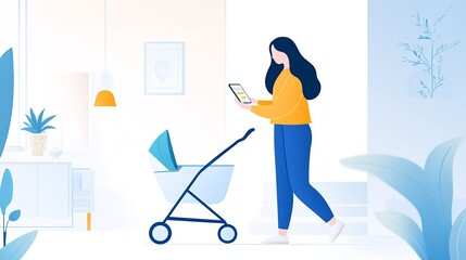 A mother pushing a stroller while shopping online on her smartphone