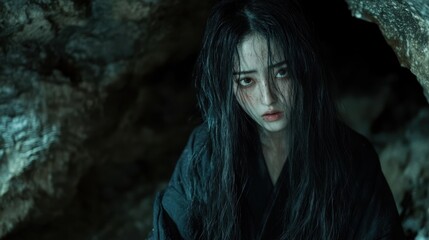 Obraz premium The Japanese witch Yamauba, lurking in the shadows of a mountain cave, her eyes glowing