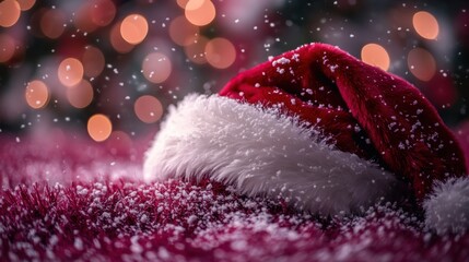 close view of santa clauss hat, blended light purple backdrop, intricate fur details, soft focus, charming card style with copy space for wishes.