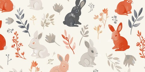 Fototapeta premium A pattern of rabbits and flowers. The rabbits are in different colors