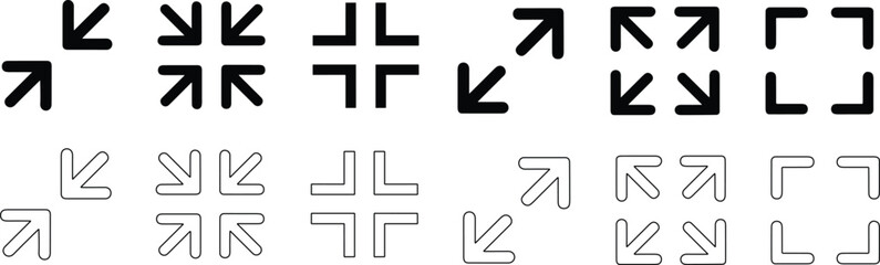 Obraz premium Maximize and minimize screen buttons icon line and flat set. Full screen enter and exit sign collection. Arrow mark icons. Scalability icons in flat style for web site, UI, mobile app. Vector 